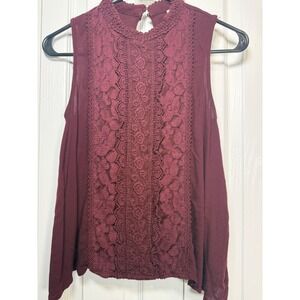 Xhilaration Women's XS Burgundy Sleeveless Top Lace Front High Neck Keyhole Back